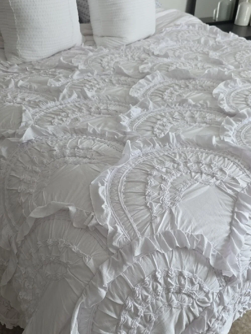 Anthropologie King White Ruffled Arch-Detail Quilt